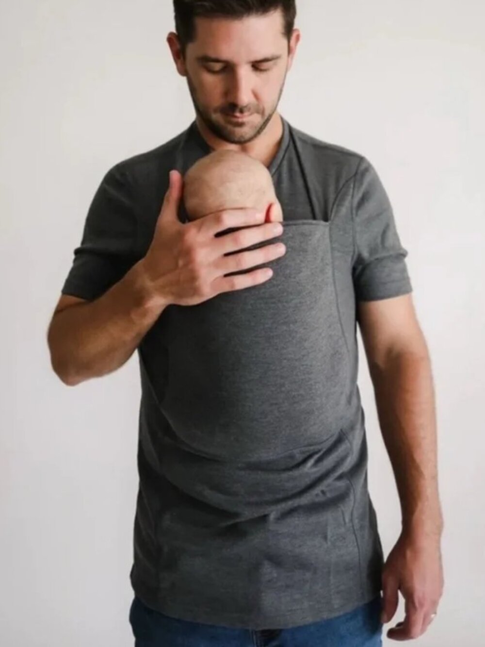 Lalabu Dad Shirt Gray Short Sleeve Vee Neck Kangaroo Pocket Pull On Top